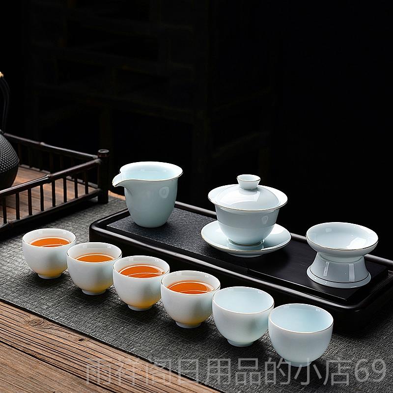 正品陶瓷功夫茶具组简约家用描金茶壶翠盖碗公道杯高档礼套绿品定