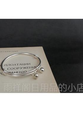 正品秋叶夏银花纯银手镯女999足字实心推简拉约铃铛细镯子定制刻