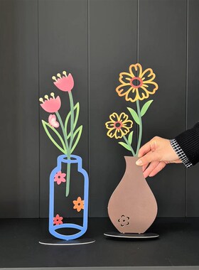 多巴胺平面彩印花瓶创意2d插花墙壁剪影氛围摆件客厅工艺装饰品