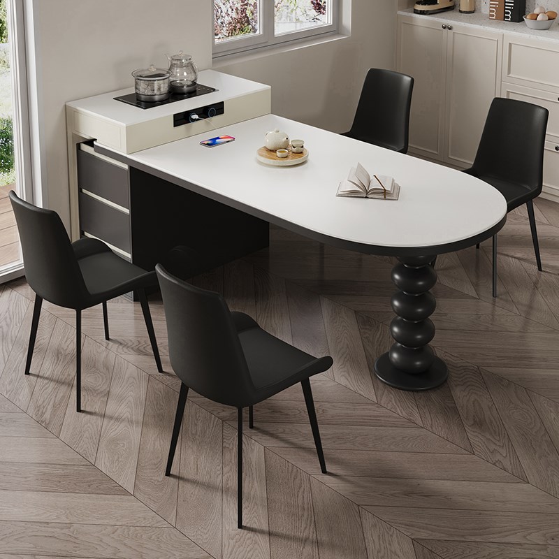 岩板岛台餐桌椅一体可伸缩中古风高级感家用小户型饭桌子2024新款