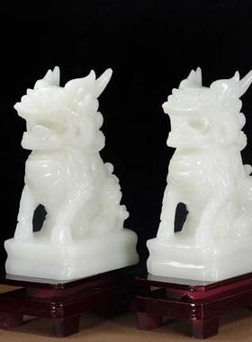 天然玉石麒麟摆件一对招财送子玉麒麟客厅玄关办公室乔迁开业贺礼