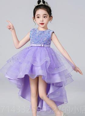 高档短女童表燕尾裙夏季童演礼服连衣裙生日公主裙紫色前后长演儿