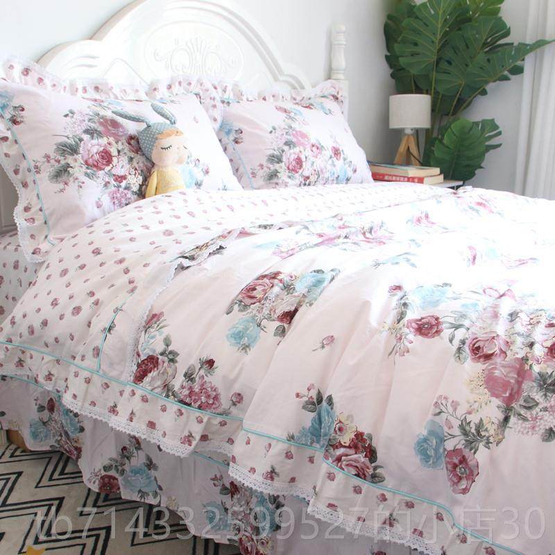高档式上田园风蕾丝花边套四件套纯棉被全棉美公主风荷叶边床单床