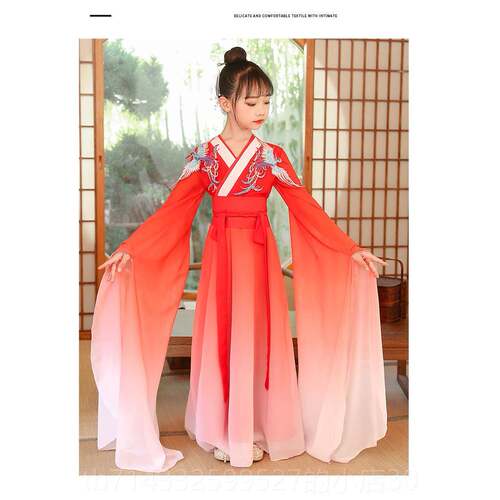 高档女逸童飘水袖演出儿童中国风长笛表演服中服大童古女筝比赛·