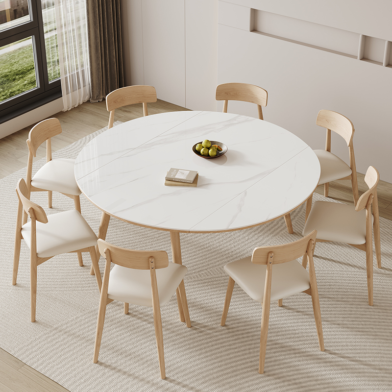 奶油风实木岩板餐桌椅可伸缩折叠现代简约小户型方圆两用餐桌