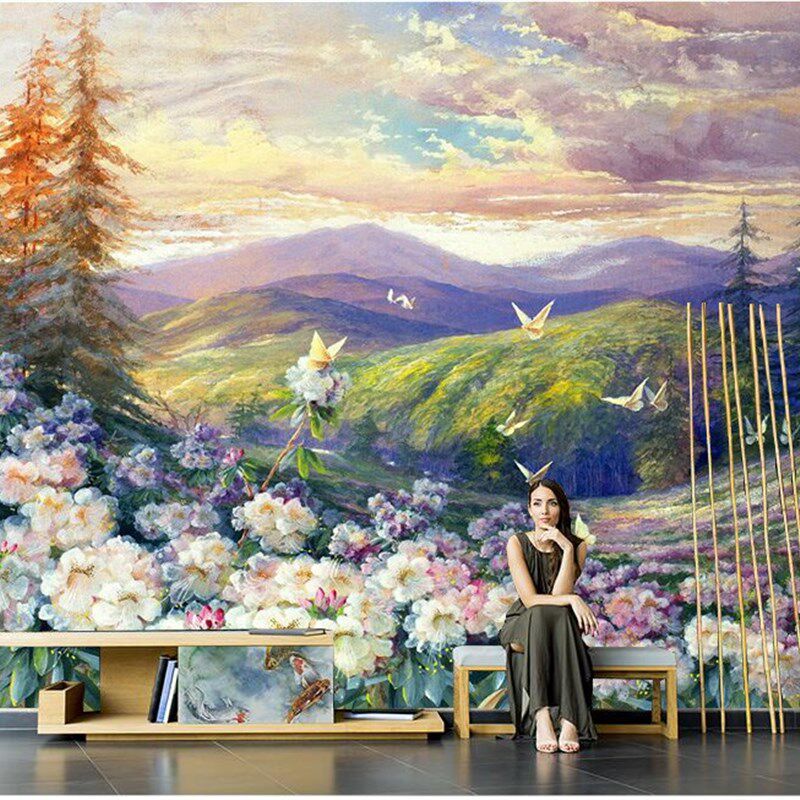 手绘抽象油画壁纸客厅沙发卧室电视背景墙纸山谷风景蝴蝶花朵壁画