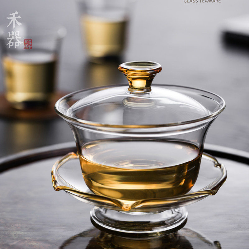 禾器茶具玻璃晶彩沁莲盖碗彩色边三才泡茶碗分茶器盖杯功夫茶道