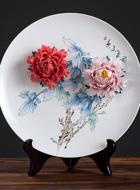 手绘手工牡丹花陶瓷挂盘家居饰品牡丹瓷摆件博古架乔迁新居装饰品