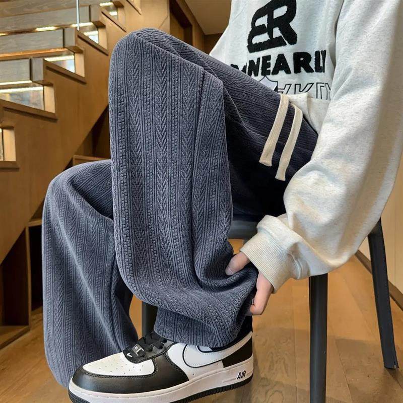 NINEDAO/玖岛高档麦穗纹春秋休闲裤男士宽松大码直筒阔腿百搭裤子