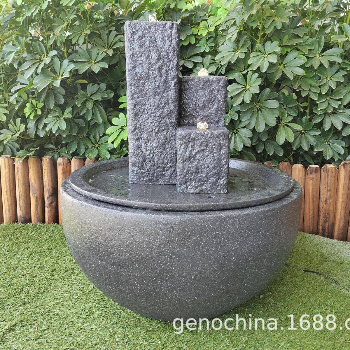 三柱黑色石头个性造型现代艺术装饰喷泉花园公园园林别墅-插电款