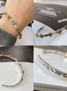 高档不同银匠 创925纯银字架涂鸦扭纹细开 口手镯嵌宝石十原女镶