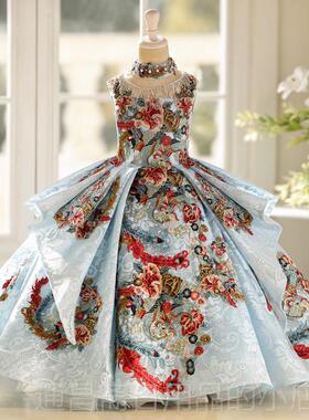 高档女童礼服蓝色高端童轻奢小众儿国潮公服主裙走秀重主持人工演