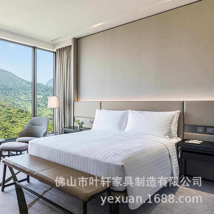 现代简约酒店床架床屏套装厂家批发宾馆民宿公寓软包实木皮艺床
