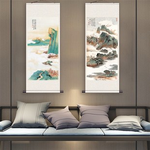 江畔游春图张大千山水画丝绸画挂画客厅装饰画招财玄关画青绿山水