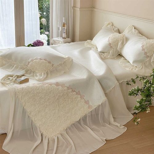 夏季凉感冰丝凉席三件套玫瑰少女心蕾丝刺绣可水洗床裙款空调软席