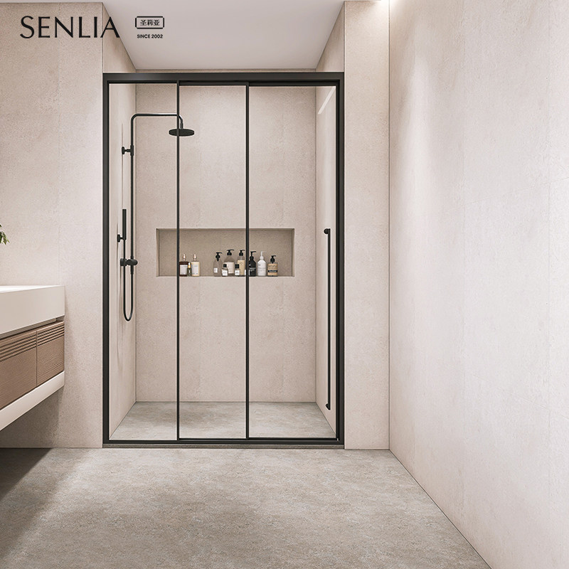 圣莉亚淋浴房一字型家用卫生间三联动移门极窄定制浴室隔断玻璃门