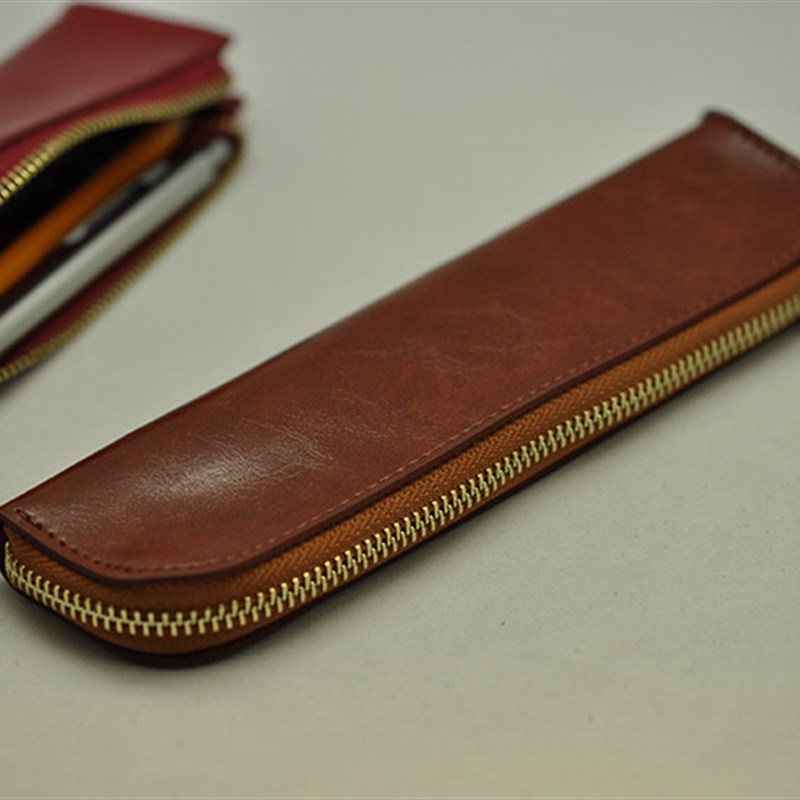 疯马皮款 大容量 多功能 多支装钢笔套 铜质拉链包 怀旧风格