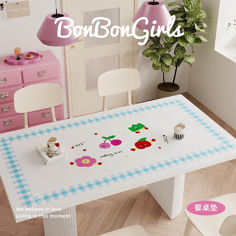卡通格子樱桃高级感餐桌垫皮革防水防油免洗桌布茶几办公书桌垫子