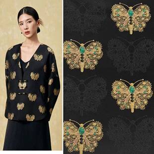 黑色底金色蝴蝶 织锦缎提花面料 新中式外套马甲裙子光泽绸缎布料
