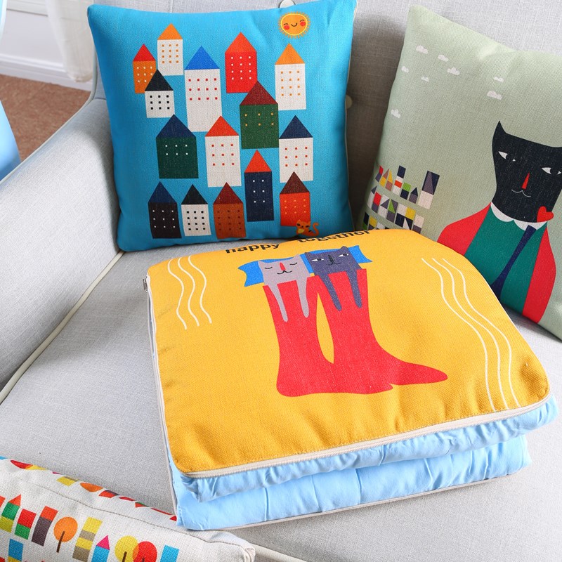 松果屋 卡通猫和房子棉麻抱枕被车用多功能空调被沙发盖毯盖被