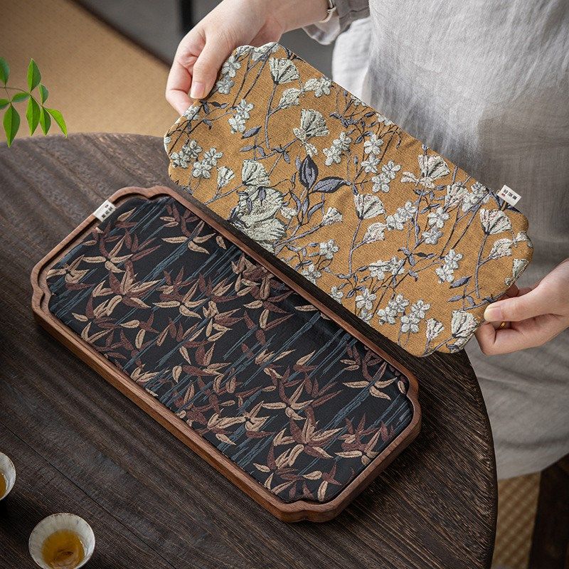 胡桃木茶盘壶承干泡盘布艺织锦茶席干泡垫实木长方茶托盘
