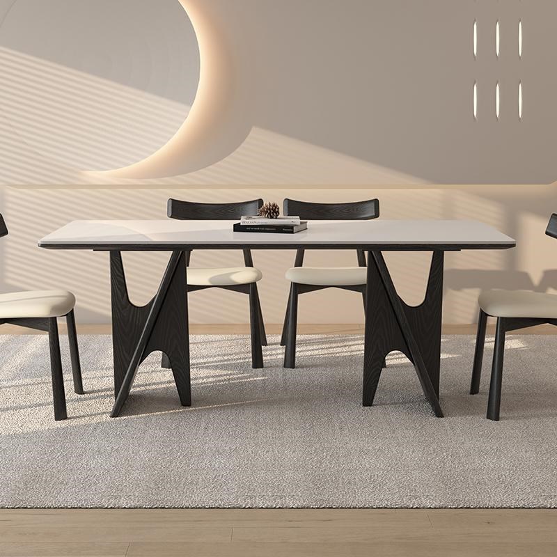 德利丰实木岩板餐桌小户型长方形奶油中古风白蜡木全托吃饭桌子