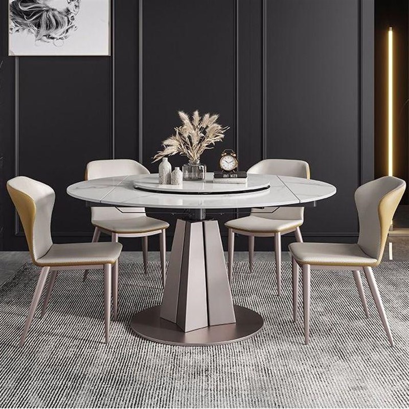 旋转伸缩圆桌岩板餐桌内嵌转盘家用小户型折叠变形功能餐桌椅