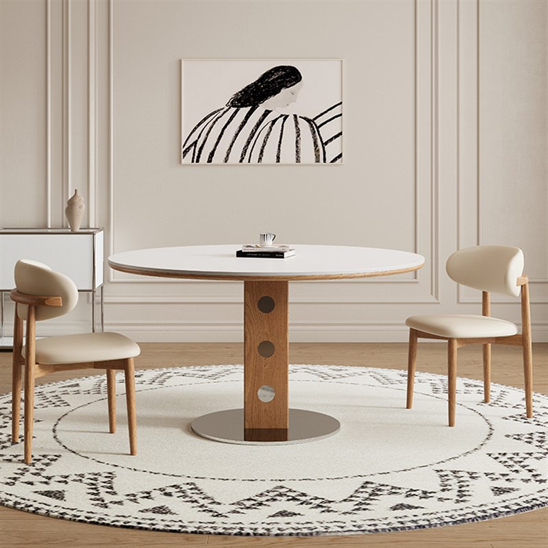 德利丰实木岩板餐桌家用小户型圆形法式奶油中古风原木色圆桌子