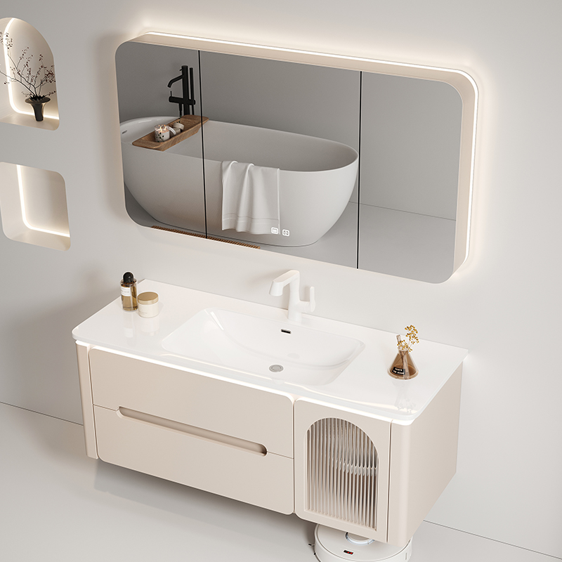陶瓷一体盆浴室柜组合法式卫生间洗脸盆柜圆弧洗漱台智能镜洗漱台
