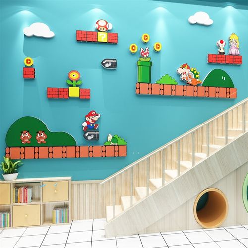 幼儿园楼梯墙面装饰走廊过道文化环境创布置材料成品马里奥贴纸画
