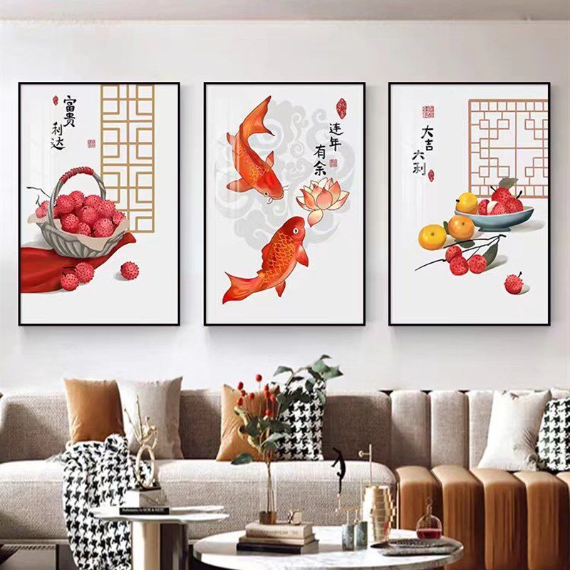 中式客厅三联装饰挂画现代沙发背景墙画餐厅茶室年年有余竖版壁画