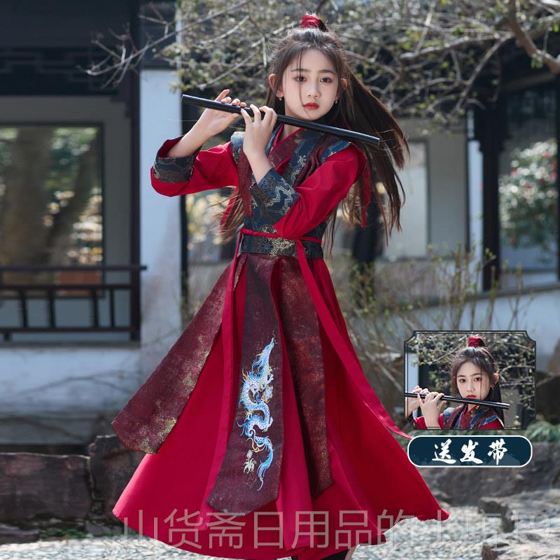 高档童色汉服花木兰服装儿童女侠红中国风cos古仙女侠装演出剑客图片