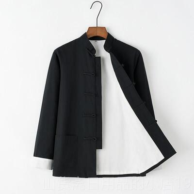 高档纯棉男士装长袖中外套中式服装春秋老粗布服汉男唐长衫居士服