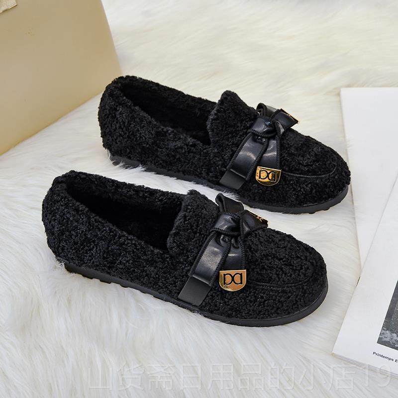 高档一毛毛鞋女冬外穿2款02新加绒保5暖厚底羊羔毛棉鞋瓢鞋脚蹬豆