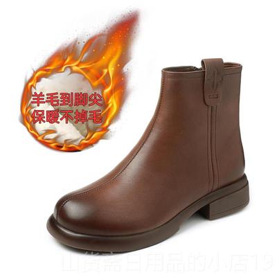 高档真加皮全牛皮羊毛靴皮毛一女体短靴女冬绒厚冬加季保暖靴妈妈