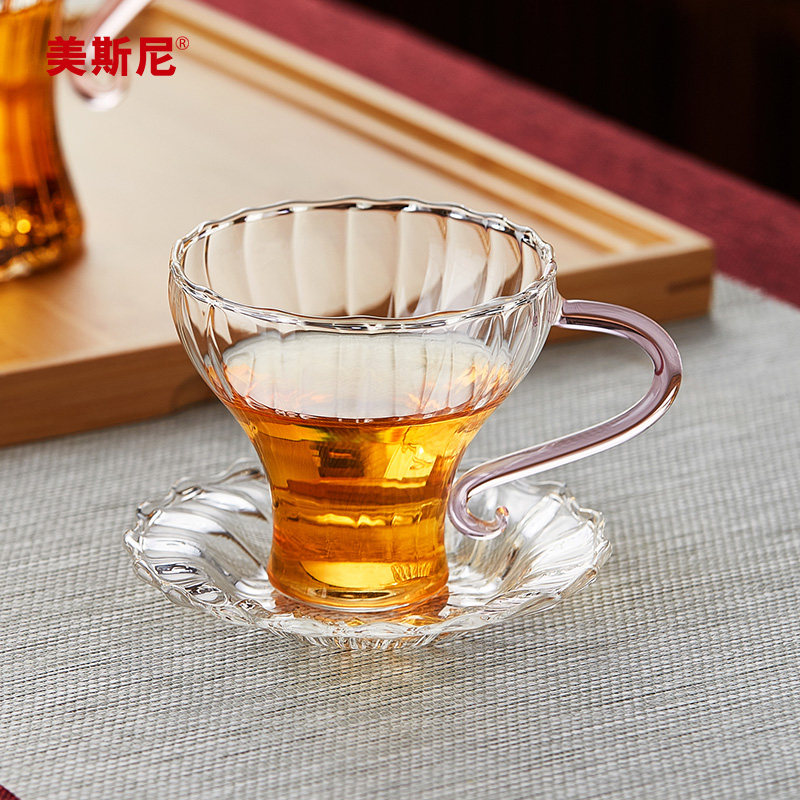美斯尼玻璃茶杯带把主人杯品茗杯喝茶功夫茶具个人专用咖啡杯带碟