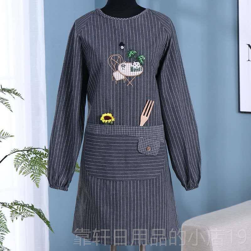 正品纯棉围裙女时尚用厨房家饭成袖人工作服长袖反穿衣全棉无罩衣