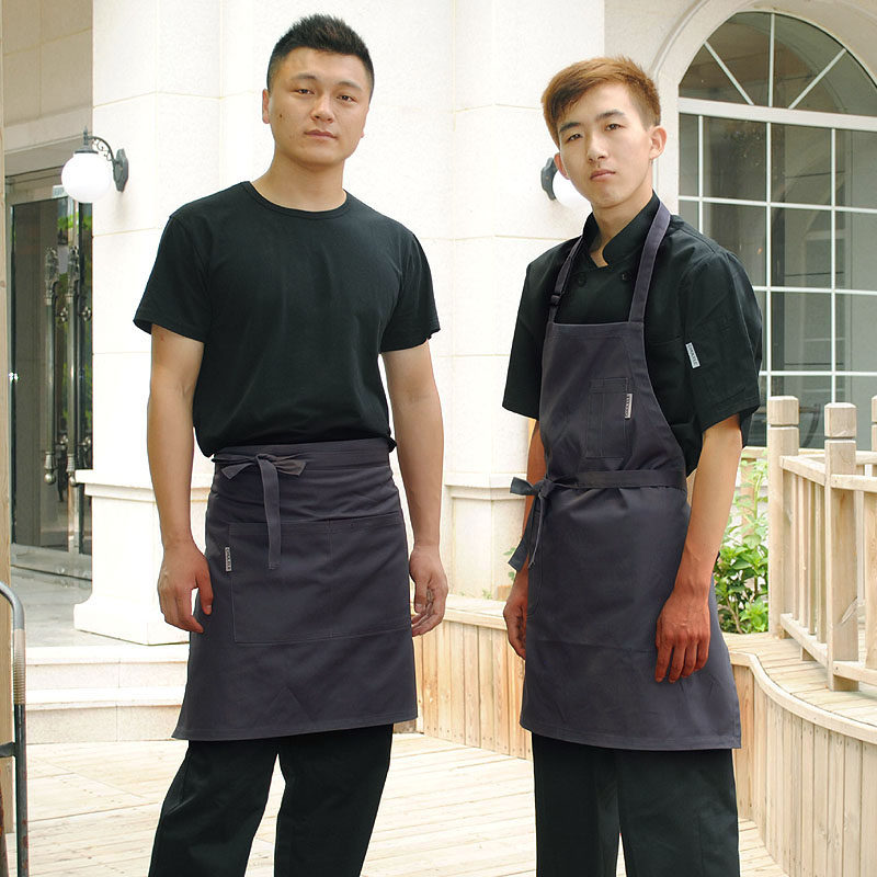 韩版灰色厚料西餐咖啡厅快餐店厨师服务员半身挂脖工作围裙男女款