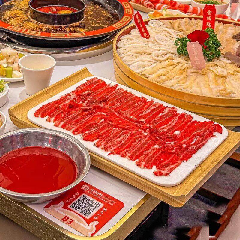 特色创意火锅店现切牛肉摆盘长方手切吊龙餐具仿瓷密胺菜盘子商用