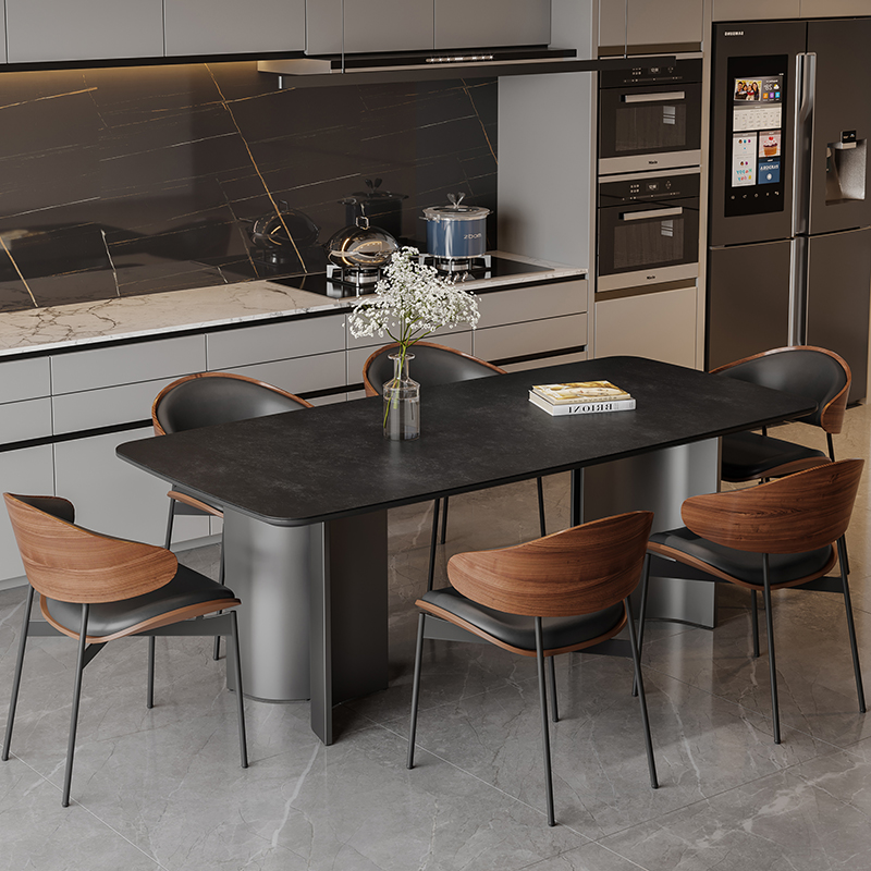 复古侘寂风黑色实木椅简约现代长方形岩板餐桌椅大坪数设计师