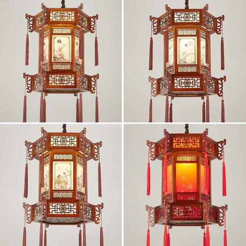 中式吊灯仿古餐厅茶楼实木羊皮火锅店六角宫灯古建筑凉亭走廊灯具