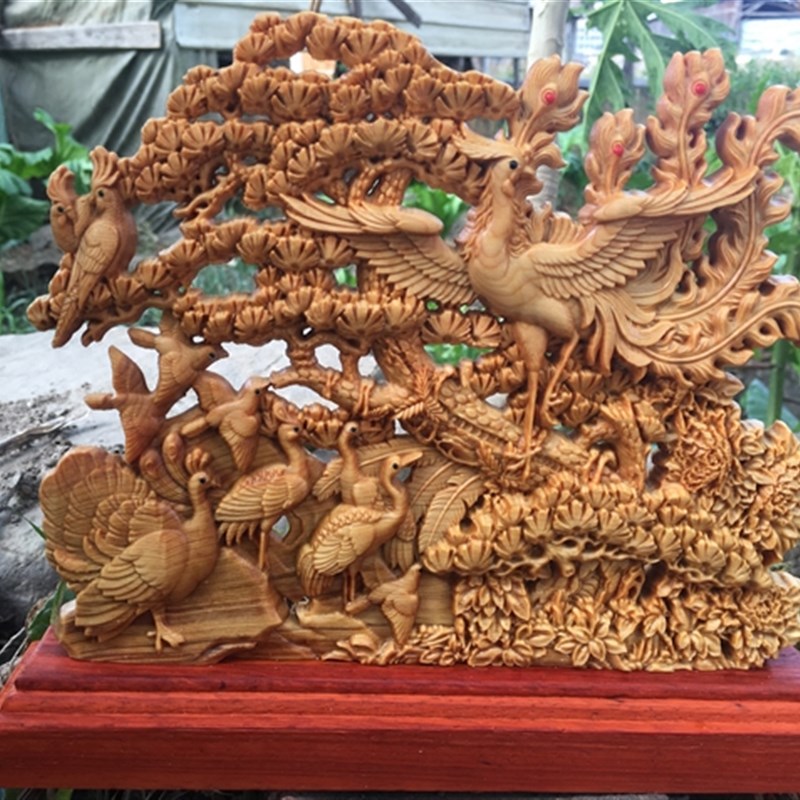 崖柏双面精雕镂空【百鸟朝凤】摆件家居木质摆件送礼摆件办公摆件