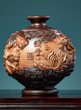 实木花瓶摆件黑檀木雕金玉满堂客厅插花电视柜装饰工艺品乔迁送礼