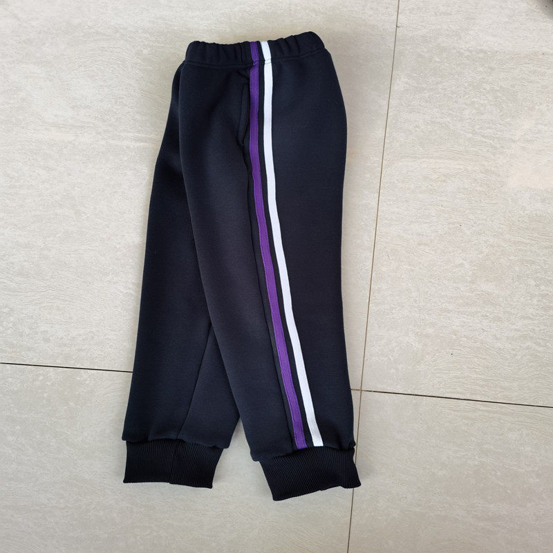 春秋新款中小学生深蓝色休闲裤拼接紫白两道杠运动束脚校服裤定做