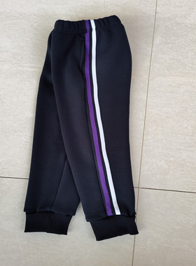 春秋新款中小学生深蓝色休闲裤拼接紫白两道杠运动束脚校服裤定做
