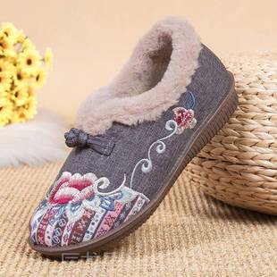 女民加绒厚保暖防滑鞋 族风绣花老年人老北京棉鞋 妈 2加025新款 正品