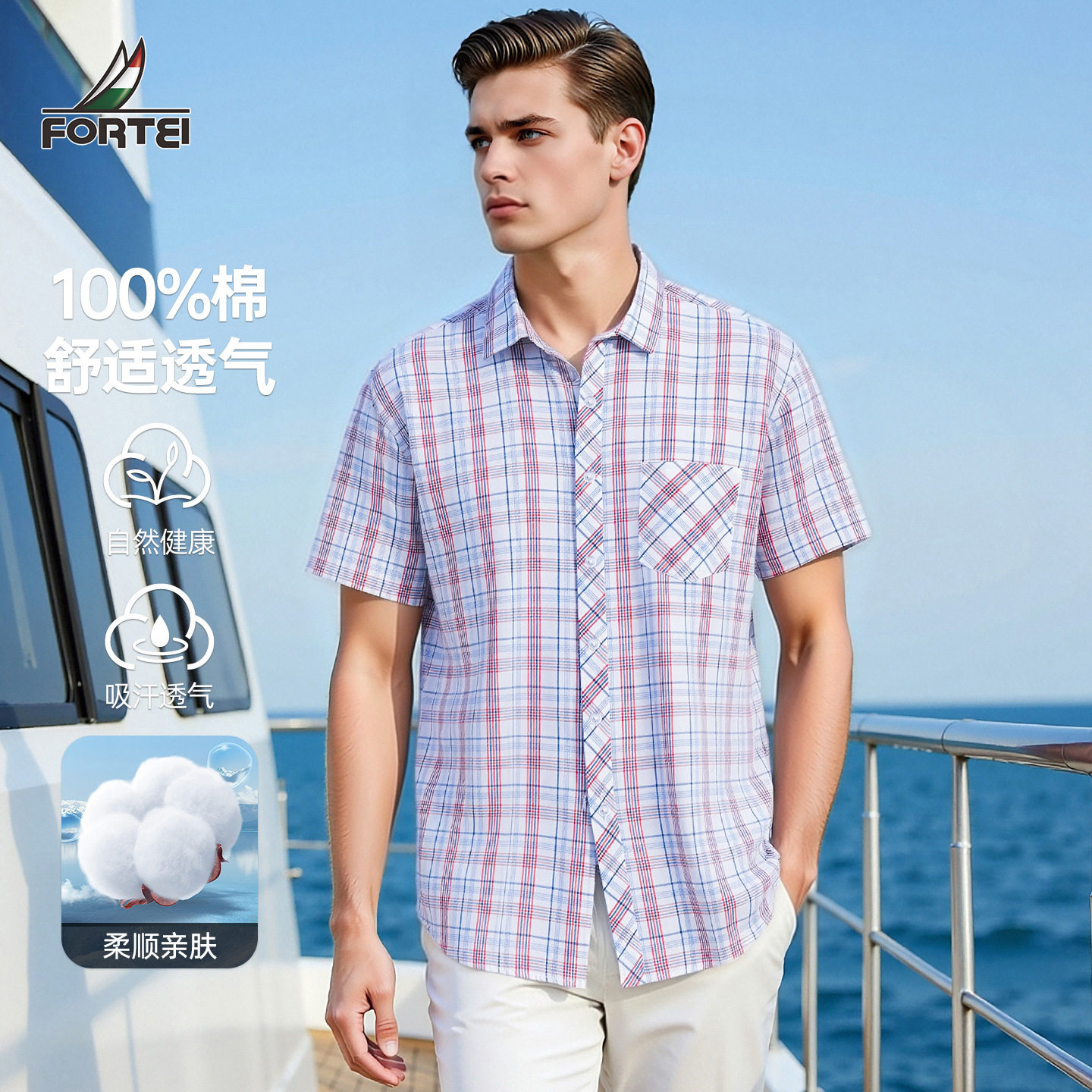 [100%棉]FORTEI意大利富铤男士夏季舒适透气商务休闲纯棉短袖衬衫