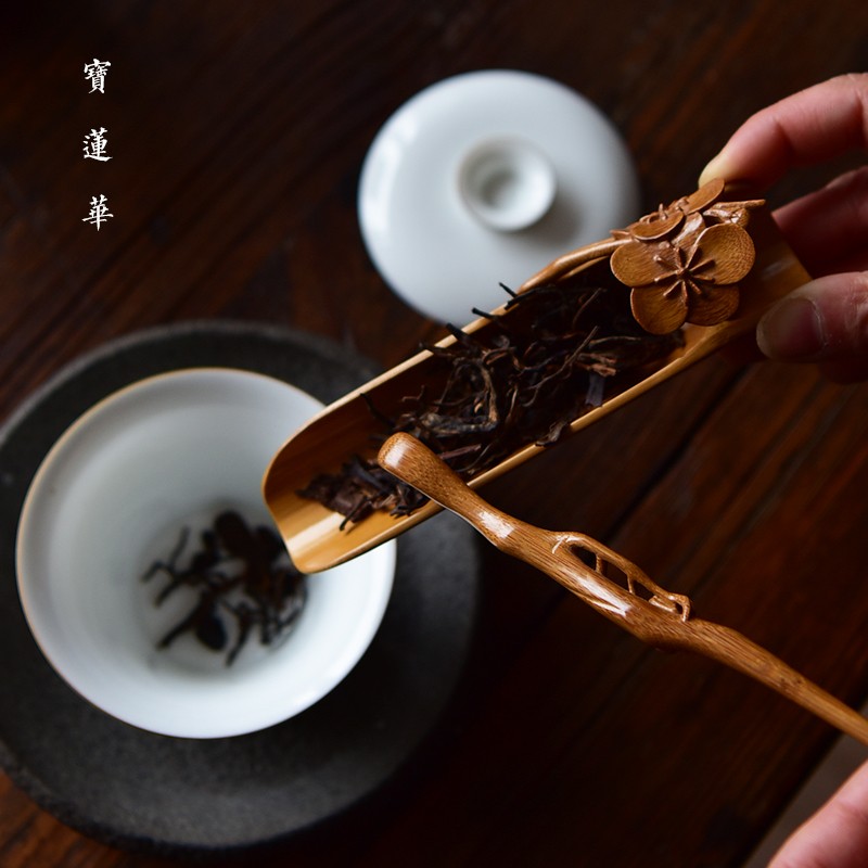 梅兰竹荷立体手工竹雕茶道三件套 廖一男竹制茶具大漆茶则 竹茶拨