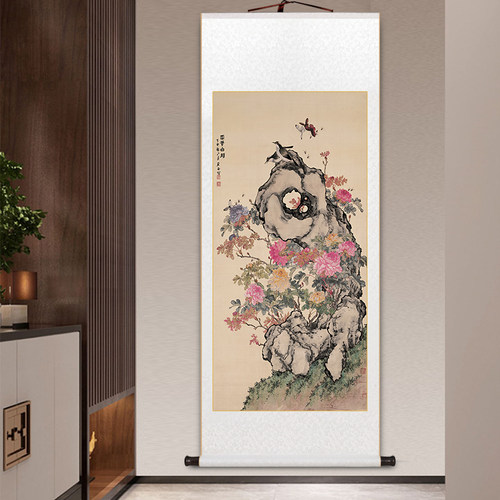 居廉富贵白头图名家牡丹卷轴挂画中式客厅装饰画书房茶室玄关壁画