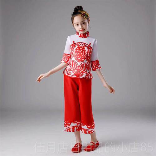 高档款新儿出童秧儿歌服女童民族舞喜庆手绢舞开门红幼扇子舞表演
